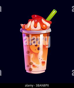 Cartoon milk bubble tea glass with creamy topping. Vector sweet beverage with black tapioca pearls and green straw. Asian beverage in transparent takeaway cup with layered texture and whipped cream Stock Vector