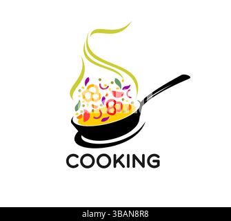 Cook pan icon, fry wok. Vector emblem featuring a black frying pan filled with colorful vegetables and spices, emitting a steam, represents culinary creativity and professional or home food cooking Stock Vector