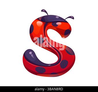 Ladybug cartoon font letter S. Cute ladybug beetle type sign, garden insect cartoon vector typeface letter. Spring lady bug kids ABC typeset symbol or English alphabet font element Stock Vector