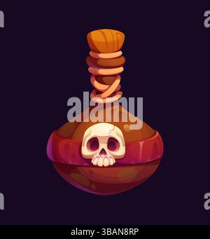 Pirate potion bottle cartoon icon. Vector mystical elixir vial of brown glass or clay with cork stopper, rope binding and skull emblem, symbolizes danger or deadly poison. Corsair adventure game asset Stock Vector