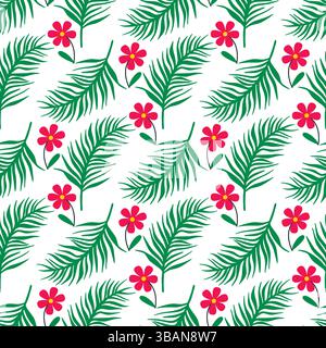 Bright hibiscus flowers with palm branches seamless pattern. Summer bright nature background. Exotic tropical floral print, vector graphic Stock Vector