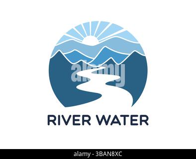 River water road path icon. Vector landscape emblem with winding river, mountain silhouettes and rising sun in a round badge. Nature inspired minimalist symbol with bold lines and blue color palette Stock Vector
