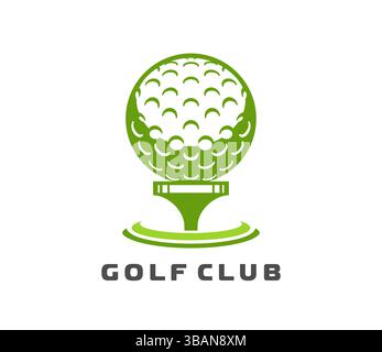 Golf club icon with green ball on tee, grass ring and bold text below. Modern sport badge for tournament branding or club identity. Vector emblem or label for golfing team or competition branding Stock Vector