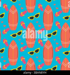 Surfboard, beach shoes and sunglasses print. Bright summer seamless pattern active recreation. Surfing background. Vector graphics Stock Vector