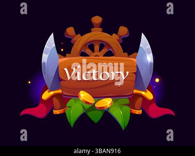 Pirate game victory award icon, ui asset. Vector wooden plaque, shiny pirate cutlasses, golden coins, tropical leaves, ship steering wheel and flowing red ribbons, symbolizing swashbuckling triumph Stock Vector
