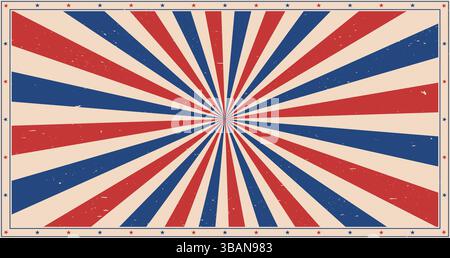 Carnival or circus retro sunlight rays background. Vector vintage scratchy grunge backdrop, burst of red, blue or white of USA flag colors radiating beams and stars frame. Nostalgic explosion of hues Stock Vector