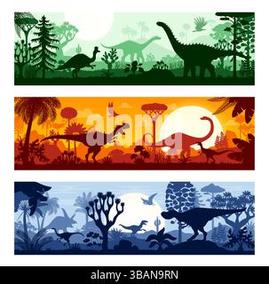 Dinosaurs silhouettes at jungle tropical forest. Vector prehistoric banners featuring shadows of dino animals in roam among lush vegetation, mountains and sun. Mesozoic or Jurassic era backgroundsV Stock Vector