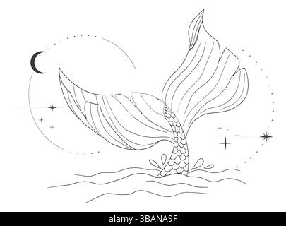 Whale tail with water splash circles stars and moon line sketch minimal geometric tattoo. Mermaid or ocean mammal with waves vintage. Vector illustration Stock Vector