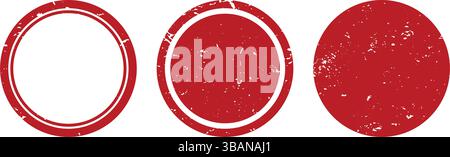 Set of red rubber stamp circles in a grunge style, featuring blank space in the center for custom text. Ideal for labels, approvals, banners, or marke Stock Vector