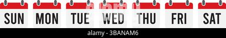 Set of weekly calendar icons, representing each day of the week. Perfect for planners, scheduling apps, time management tools, and digital organizers. Stock Vector
