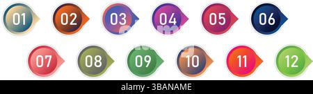 Enhance your design projects with this vibrant set of 3D number bullet points, ranging from one to twelve. Stock Vector