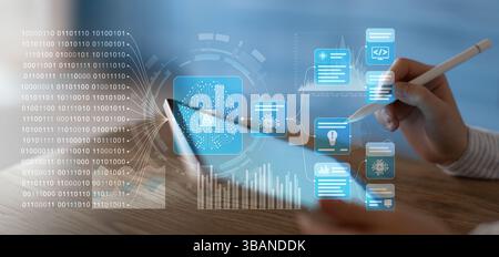 Artificial Intelligence and Data Processing Interaction on a Digital Touchscreen Interface. Stock Photo
