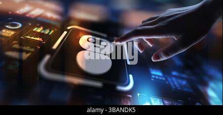 Chat Bot Automating Customer Interaction and Support, projection on a virtual screen, Business and Technology Concept. Stock Photo