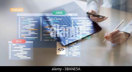 Software Development and Programming Languages Displayed on a Virtual Coding Interface. Stock Photo
