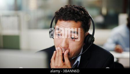 Man, call center and computer with stress in office, communication or telecom mistake with burnout. Contact us, customer service and help desk fail Stock Photo