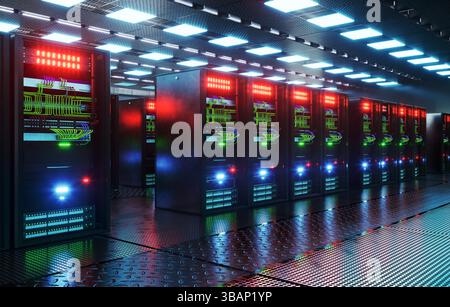 Server Room Network Infrastructure, data center, server rack, network cables Stock Photo