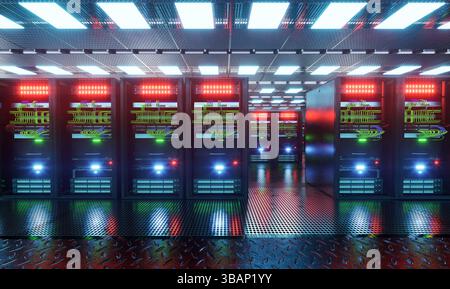 Server Room Network Infrastructure, data center, server rack, network cables Stock Photo