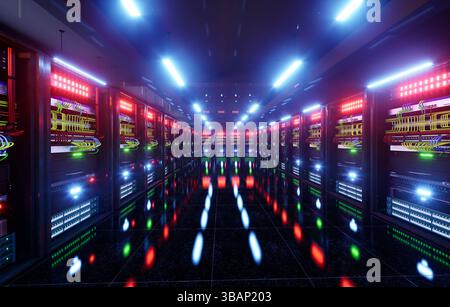 Server Room Network Infrastructure, data center, server rack, network cables Stock Photo
