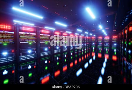 Server Room Network Infrastructure, data center, server rack, network cables Stock Photo