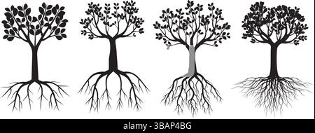 Set black Trees with leaves on white background Stock Vector