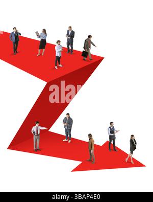 Composite image. Businesspeople standing on sharp red arrow platform falling steeply. Symbol of instability and downturn in business economy. Stock Photo