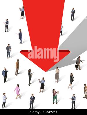 Contemporary composite image. Crowd surrounded by massive red downward arrow symbolizing unstoppable crash of financial system. Stock Photo