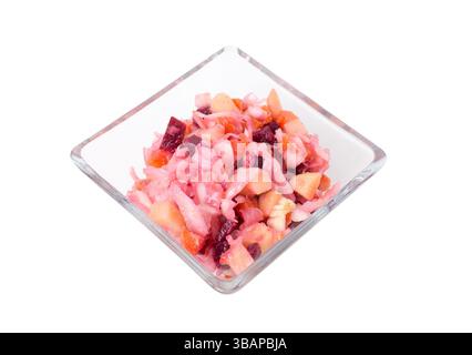 Russian beetroot salad in a square glass bowl. Isolated on a white background. Stock Photo