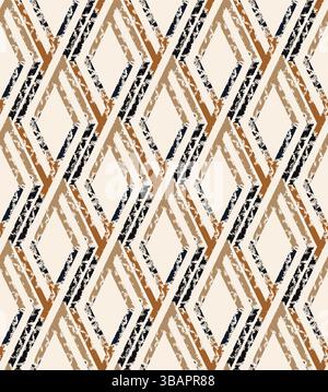 Interwined black striped rhombus seamless pattern on beige background. Repeating grunge pattern. Stock Vector