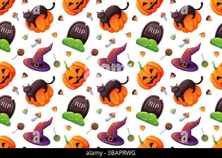 Colorful seamless Halloween pattern with pumpkin, black cat, witch hat, candy, mushroom and tombstone on white background in cartoon style. Perfect Stock Vector