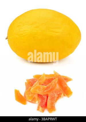 Ripe yellow melon and dried melon slices isolated on white background. Collage. Vertical photo. Stock Photo