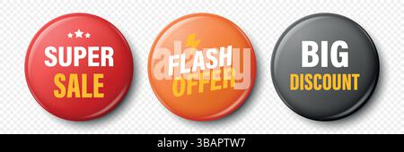 Vector 3d Realistic Discount Badge Buttons Set. Super Sale, Flash Offer, Big Discount Text on Glossy Discount Labels. Promotion, Marketing, Discount Stock Vector