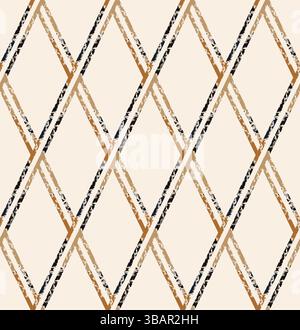 Interwined black striped rhombus seamless pattern on beige background. Repeating grunge pattern. Stock Vector