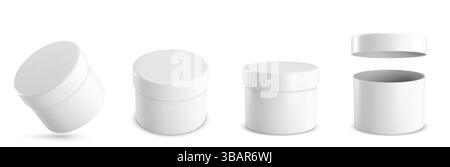 Round white gift boxes set - various view cylindrical containers with lids. Empty small packaging items for retail products or holiday congratulation. Stock Vector