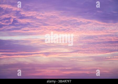 Sunset in the sky in pastel colors. Purple and pink sky with clouds in the evening. Nature background. Stock Photo