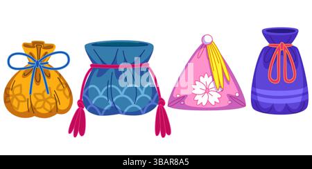 Asian lucky bags set isolated on white background. Vector cartoon illustration of traditional Chinese sacks decorated with color ropes, New Year festi Stock Vector