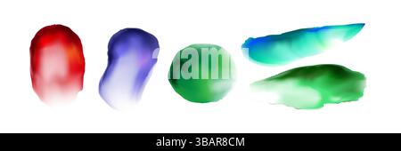 Watercolour brushstroke shapes. Translucent paint splotches. Colorful abstract artistic watercolor stain elements, flowing liquid ink splashes on whit Stock Vector
