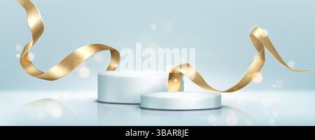 Gold ribbon streamers and round podiums on light blue background. Curved shiny satin stripes around cylinder pedestals. Luxury glossy foil swirls and Stock Vector