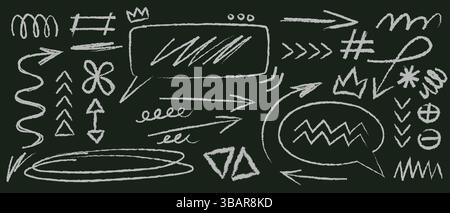 Hand drawn chalk doodle shapes set on blackboard - crowns and speech bubbles, arrows and decorative borders, swirls and symbols. Grunge scribble sketc Stock Vector