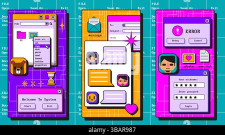 Retro user interface screens collection - file manager with context menu, messaging app layout, pop up windows. Nostalgic graphic design on neon grid Stock Vector
