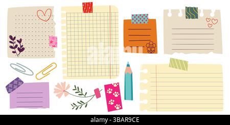 Memo note paper sheets drawn set - various colorful decorative notepad page designs with lines, grid, torn edge effects. Cartoon illustration with cut Stock Vector