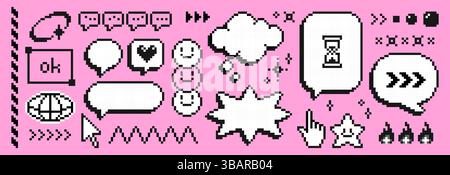 Pixel speech bubble set - 8 bit style chat boxes, dialogue balloons, emoticon icons on pink background. Retro collection of pixelated squares, circles Stock Vector
