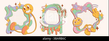 Psychedelic 70s groovy retro frames - colorful wavy shapes decorated with stars, characters with smiling faces, pastel colors. Hippie trippy style dec Stock Vector