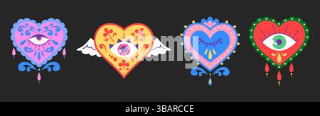 Bright collection of hearts in Mexican folk style - winged love symbol with sacred eye, floral ornaments and teardrops. Traditional Latin American pat Stock Vector