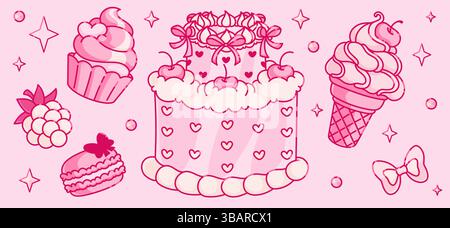 Coquette Y2K aesthetic dessert icons set - cute cupcake with heart decoration, elegant tiered cake decorated with bows, swirly soft serve ice cream co Stock Vector