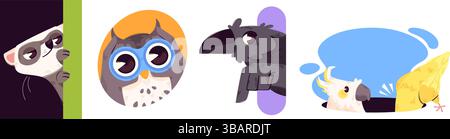 Cute cartoon animal characters peeking out - curious lemur behind wall, wise owl popping from circle, funny parrot emerging from hole shape and lookin Stock Vector
