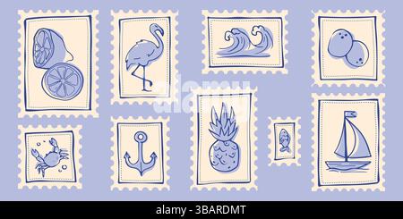 Maritime postage stamp collection - line drawings of fruits, sea creatures, plants and sailboat. Contour postmarks with symbols of summer vacation, co Stock Vector