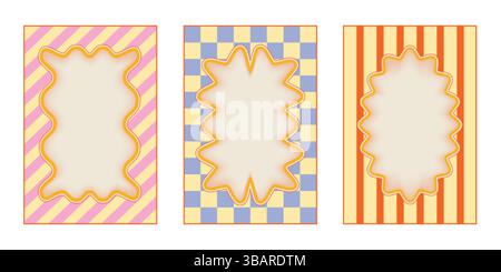 Groovy border wavy frames - diagonal stripes, checkered squares, vertical lines surrounding scalloped centers. Zigzag outlines with empty space inside Stock Vector