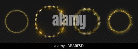 Golden halftone circles set - shiny dotted round frames, luxury golden sparkly graphic elements collection on black background. Glowing glitter border Stock Vector