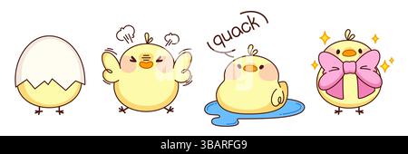 Cute chicken character in different poses - in cracked egg shell, angry crying, swimming in water puddle, with pink bow on chest as gift for holiday. Stock Vector