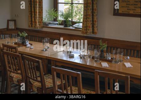 Empty beer glasses and receipts on pub tables, Bavaria, Germany, Europe Stock Photo